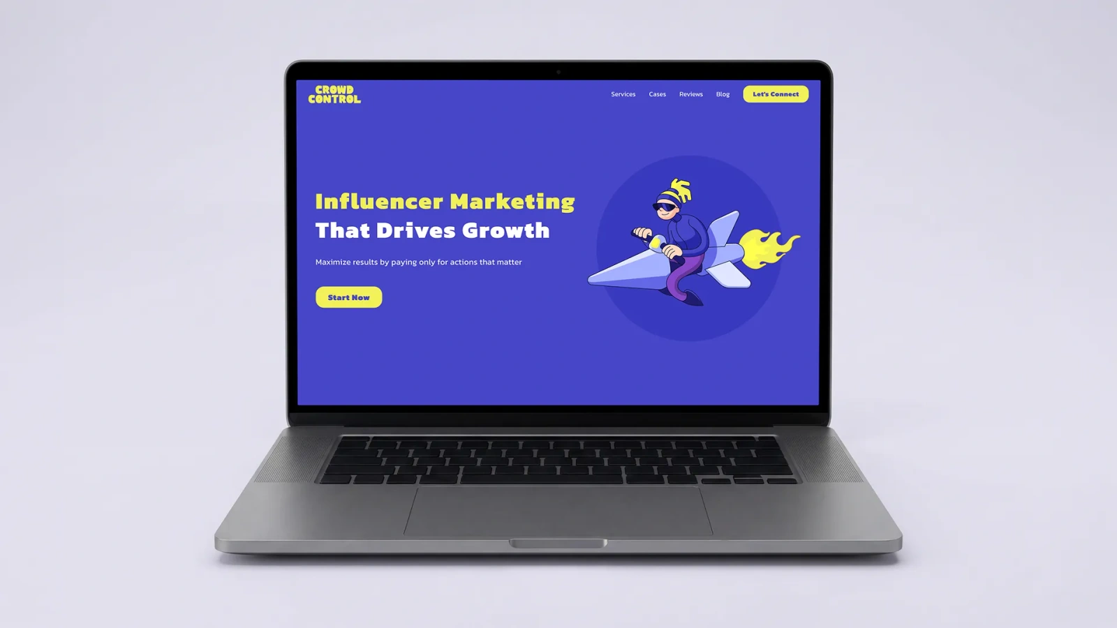 Crowd Control website presented on a laptop mockup