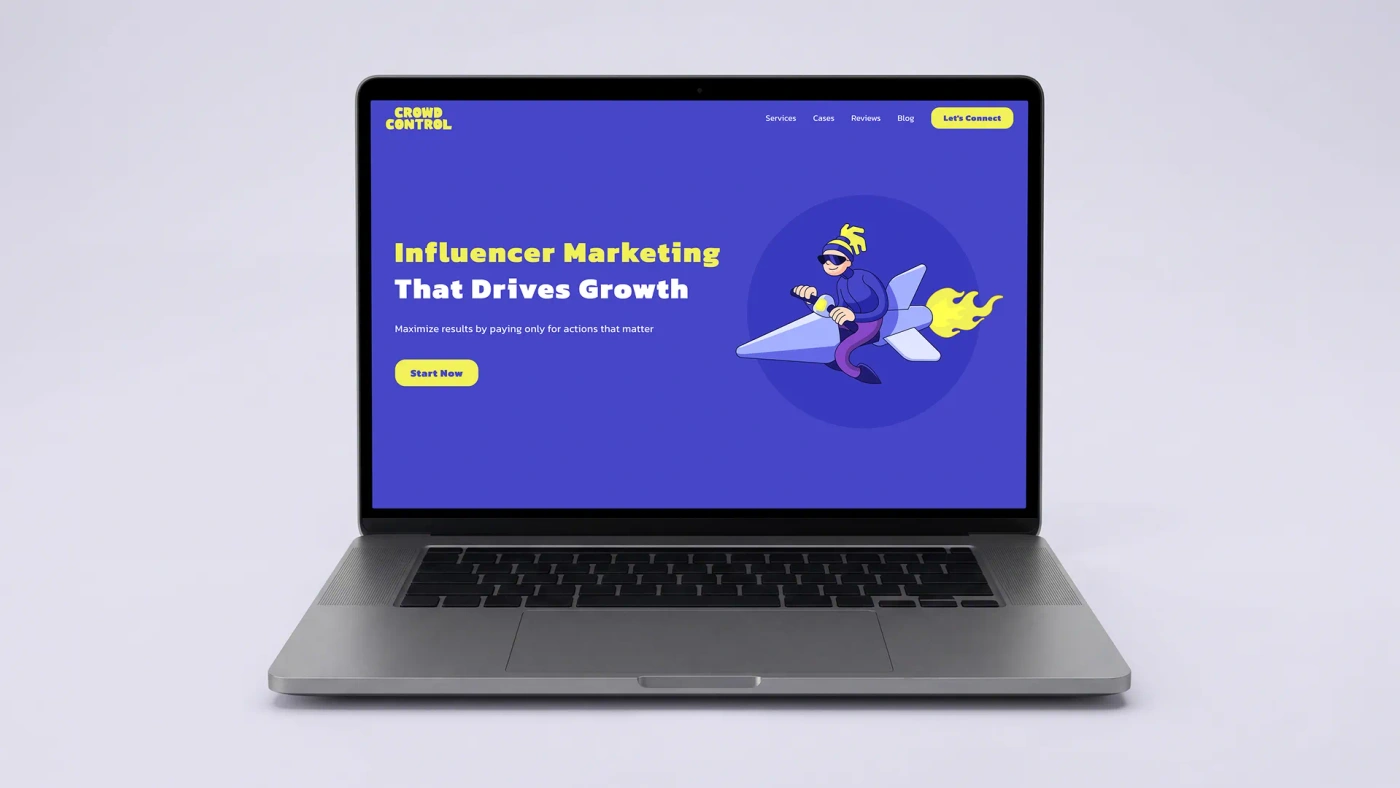 Crowd Control website presented on a laptop mockup