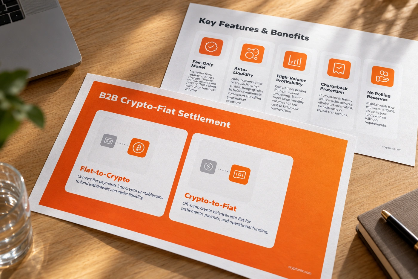 Photographic presentation mockup of Cryptonix sales materials