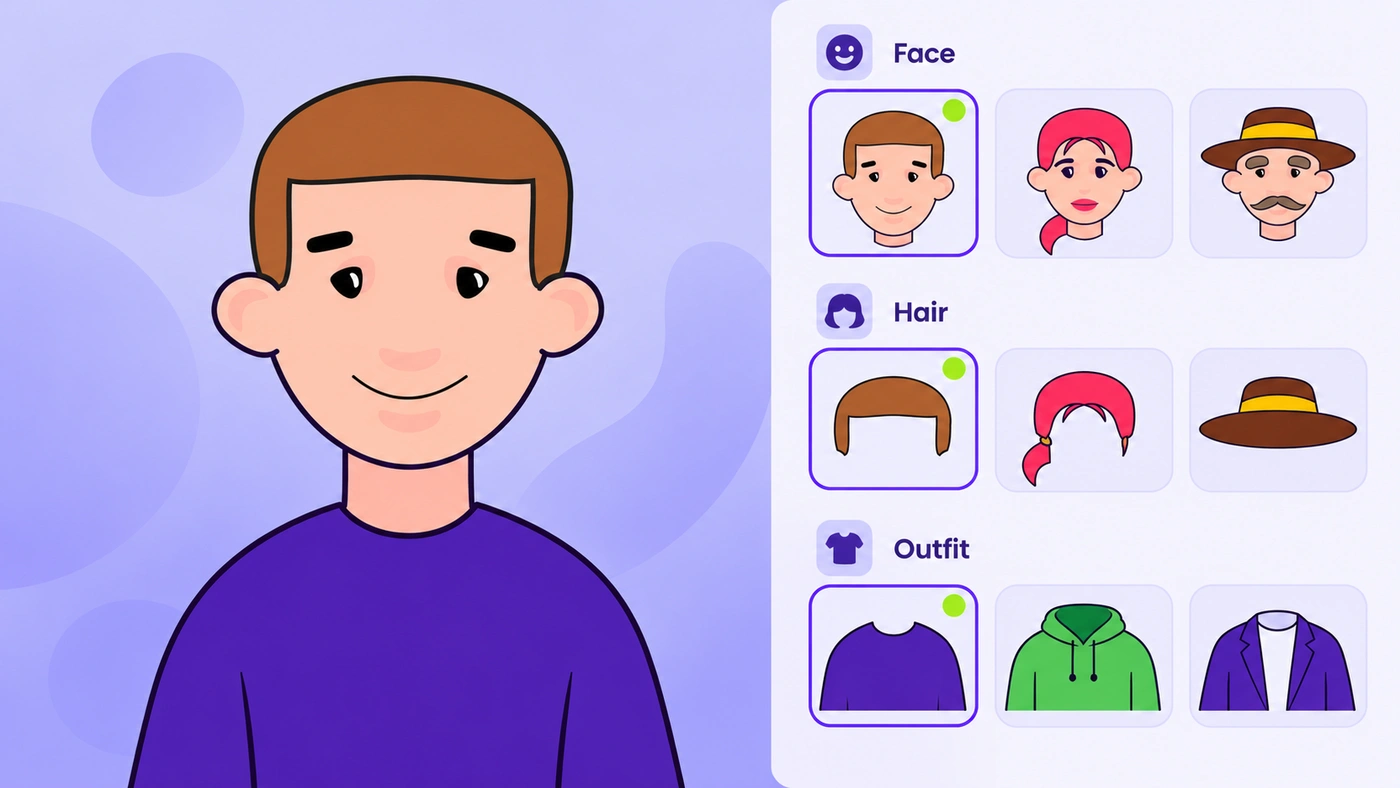 Character customization concept with interchangeable face, hair, and outfit modules beside an assembled Zvuk character