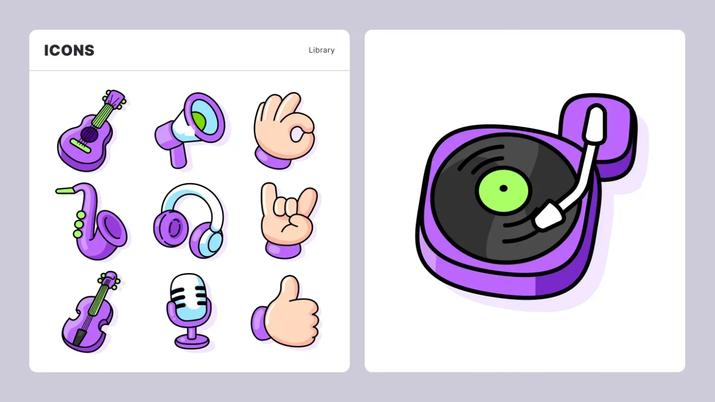 Zvuk Business illustrated icon library and record player