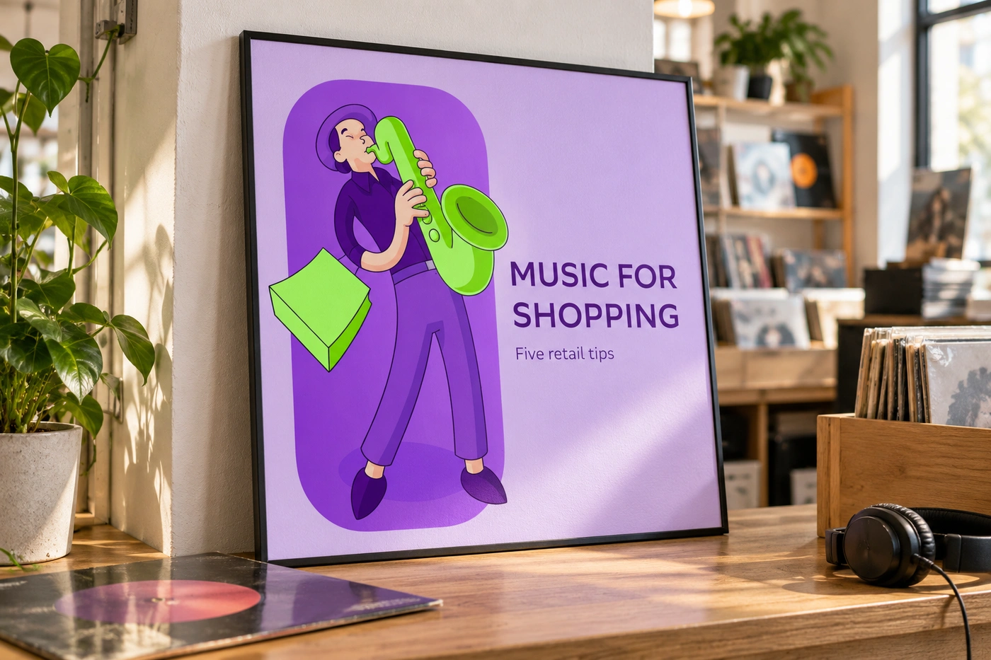 Photographic presentation mockup of Zvuk Business illustration in a music shop